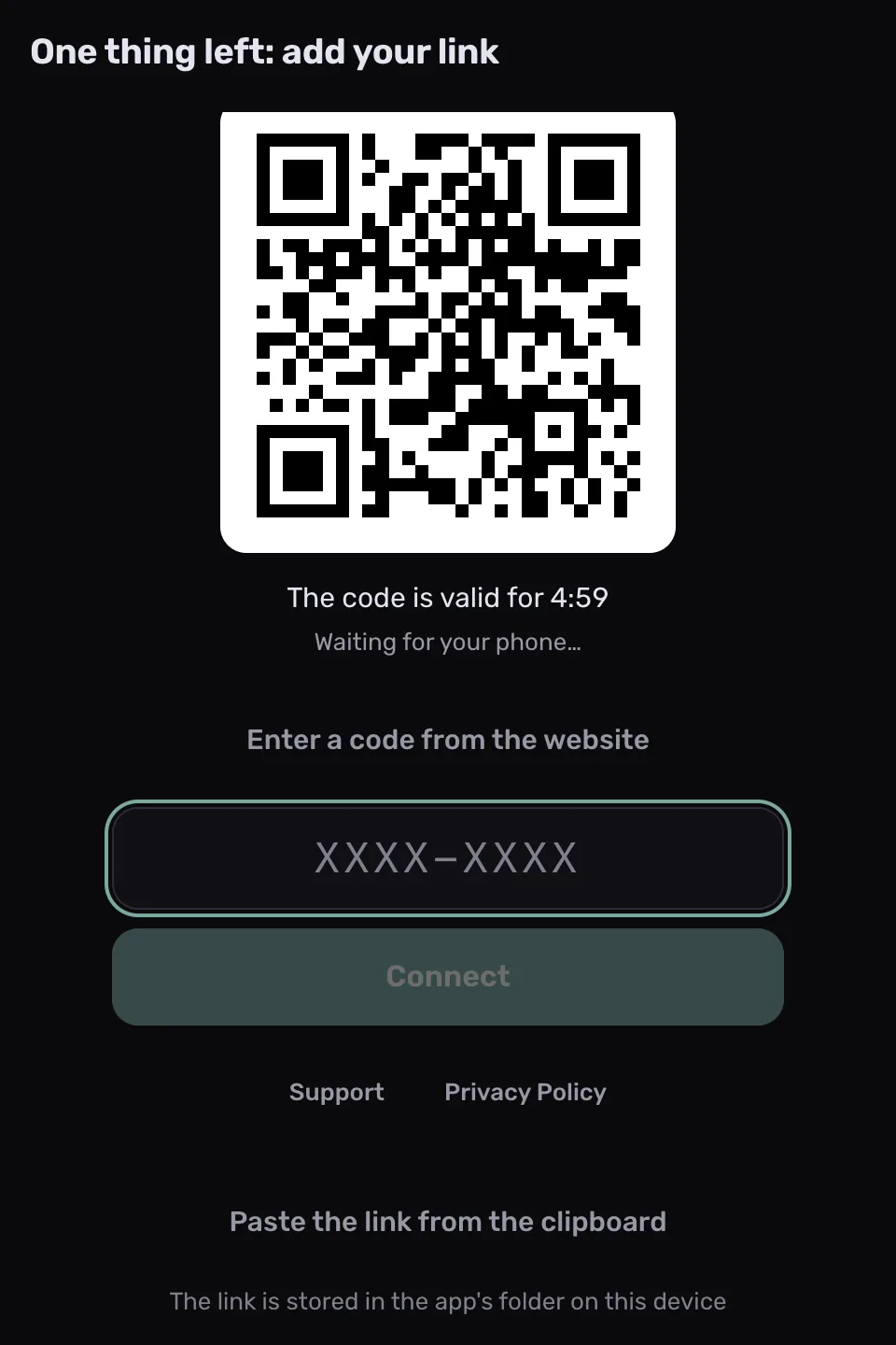 Acceso a ProxysVPN: código QR y campo para el código del área personal