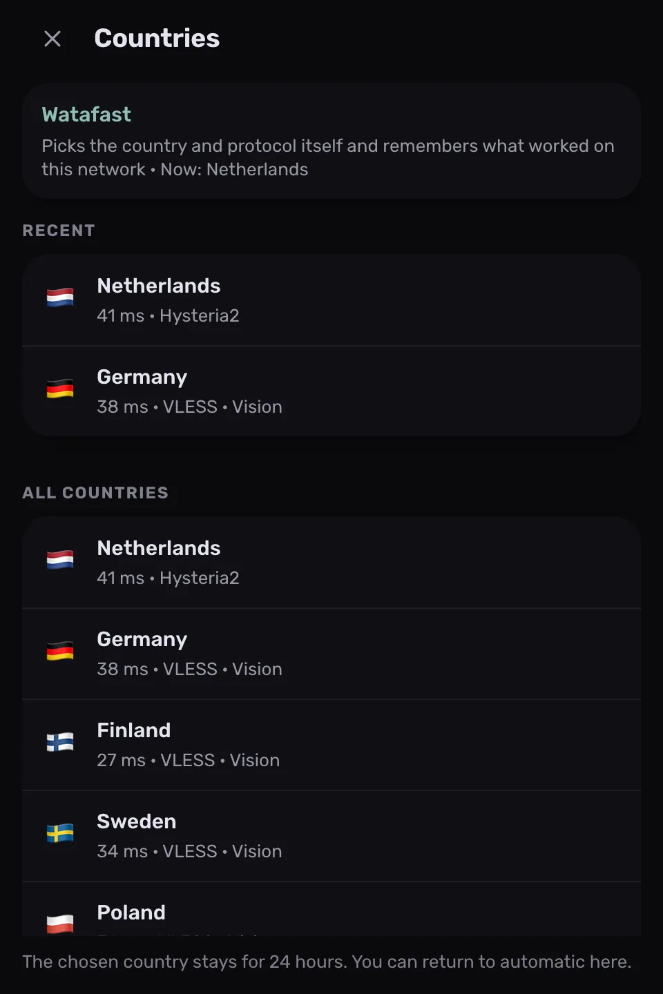 Lista de países en ProxysVPN, con WataFast arriba: «Picks the country and protocol itself and remembers what worked on this network»