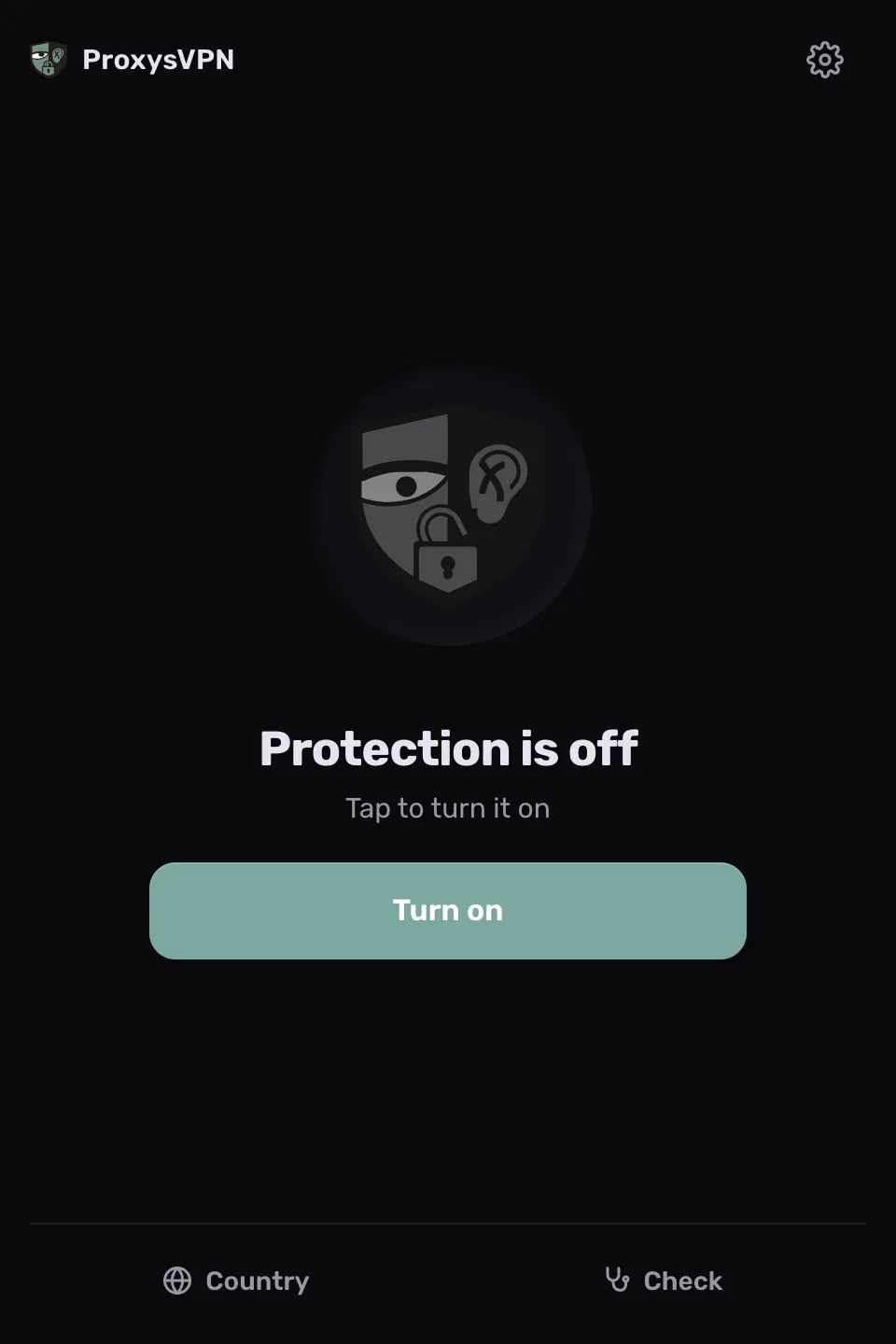 Pantalla de ProxysVPN con el botón «Turn on»