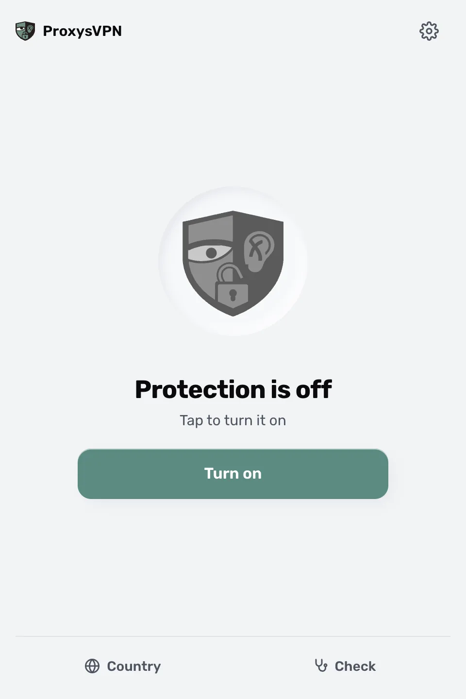 Pantalla de ProxysVPN con el botón «Turn on»