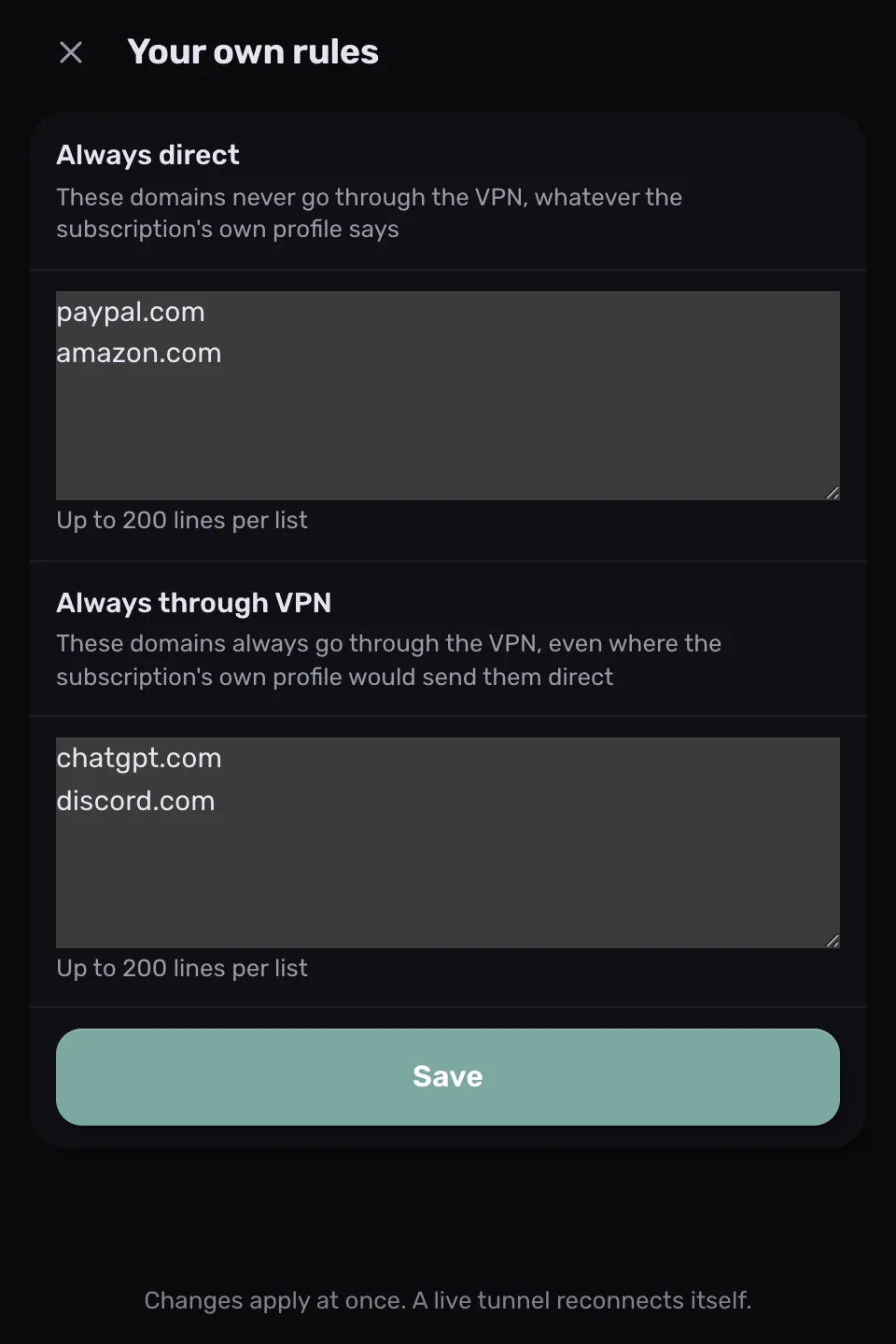Reglas propias en ProxysVPN: las listas «Always direct» y «Always through VPN»