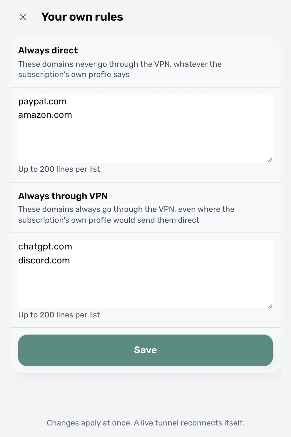 Reglas propias en ProxysVPN: las listas «Always direct» y «Always through VPN»